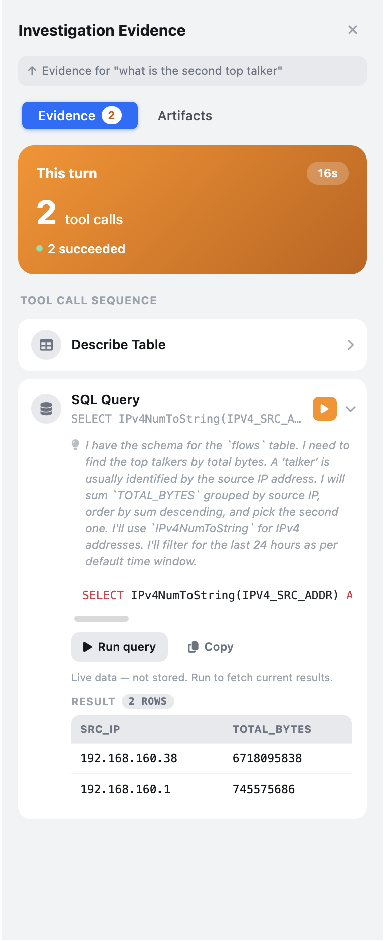 nAnalyst evidence row expanded showing the Run query button