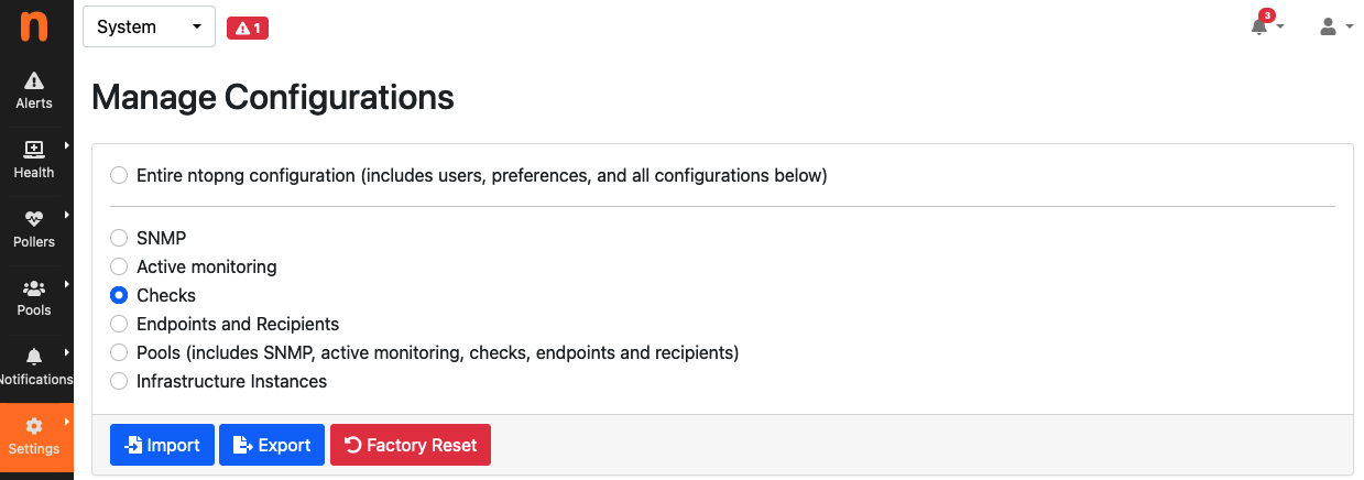 Checks Import, Export and Reset