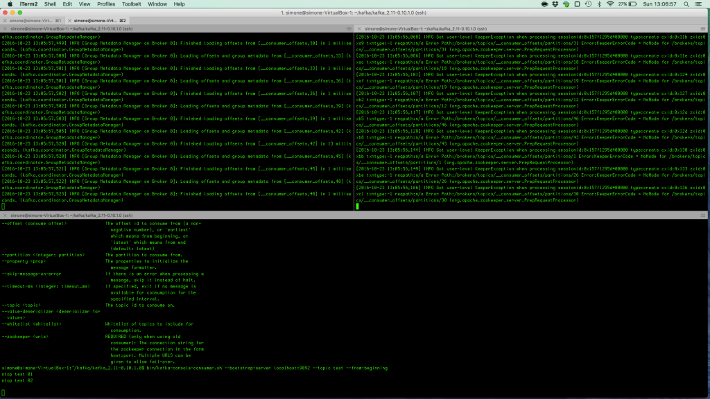 Top: the kafka broker (left) and the Zookeeper (right). Bottom: The command-line consumer